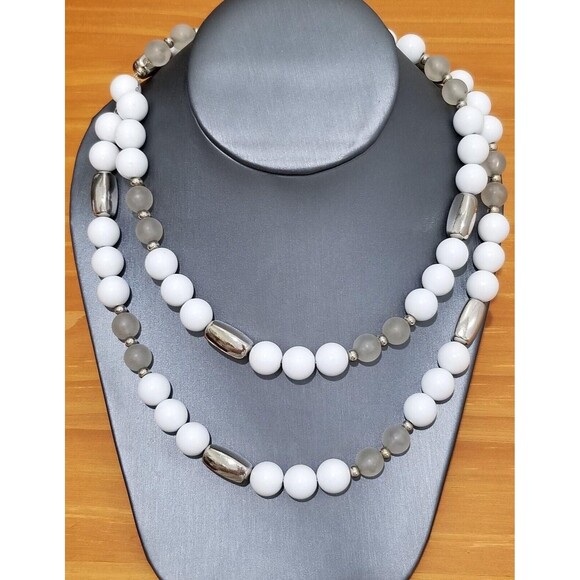 36" Long White and Gray Vintage Necklace strung on Chain - Picture 7 of 10